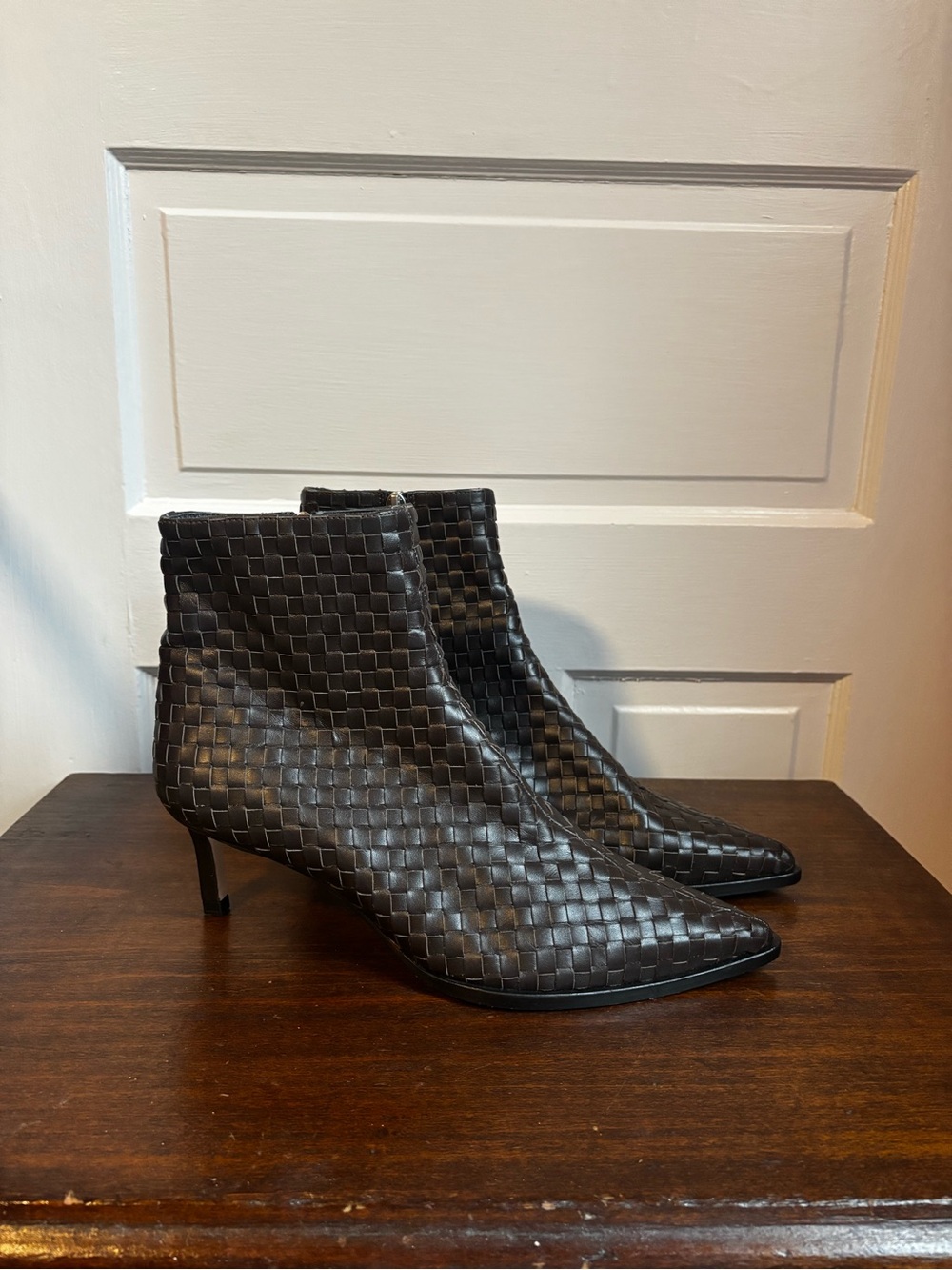 Woven Pointed Toe Ankle Boots - Black